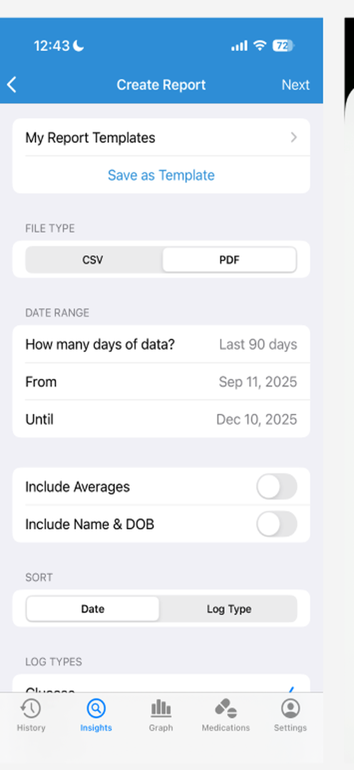 Glucose Create Report screen with PDF and CSV formats, date range, averages, personal details, sorting, and log type options