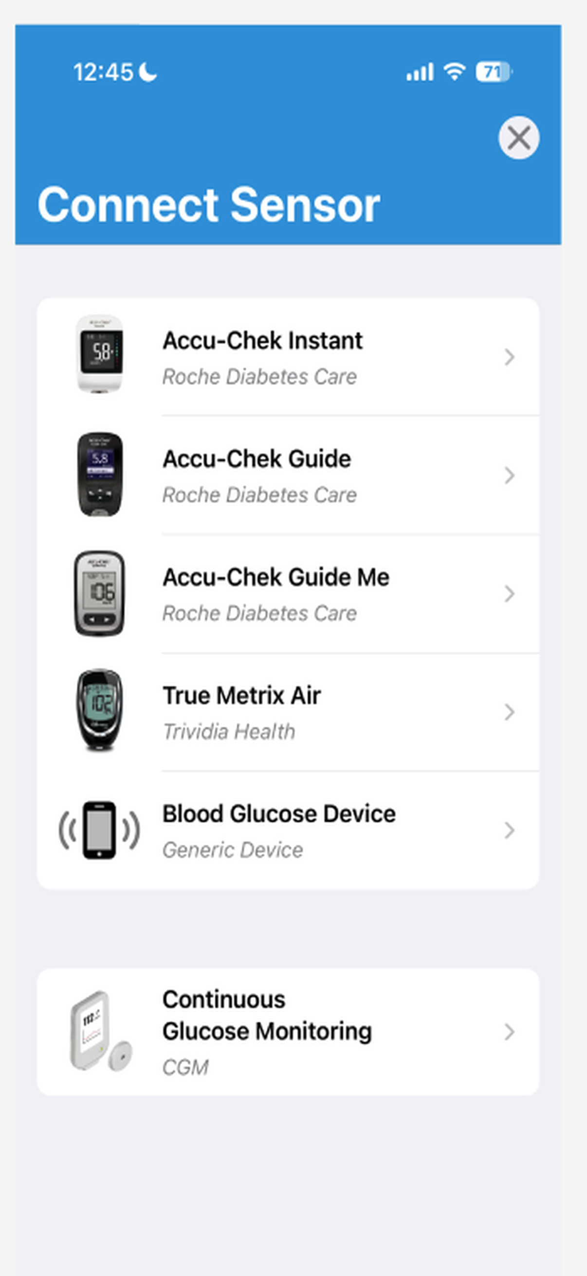 Glucose Connect Sensor screen showing supported meter choices and continuous glucose monitoring